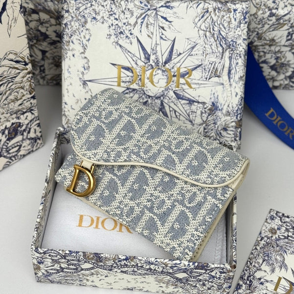 CD Saddle Lotus Wallet 10.5cm White Grey Jacquard GHW