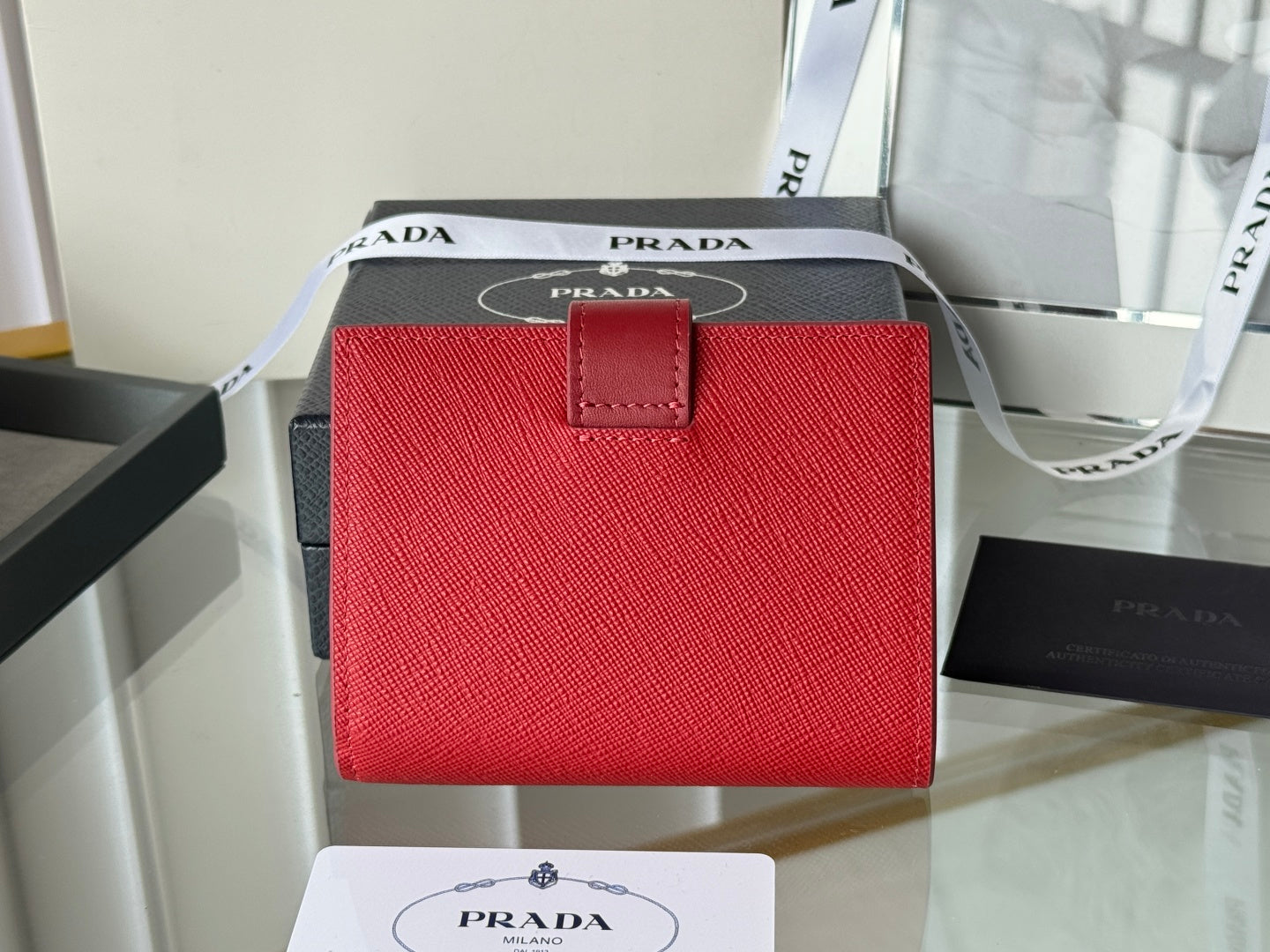 Pra 1MV204 Small Wallet Red Saffiano & Smooth Leather