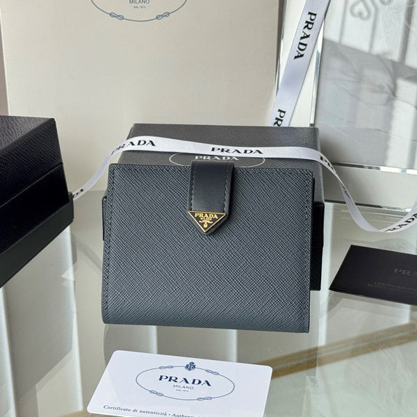 Pra 1MV204 Small Wallet Grey Saffiano & Smooth Leather
