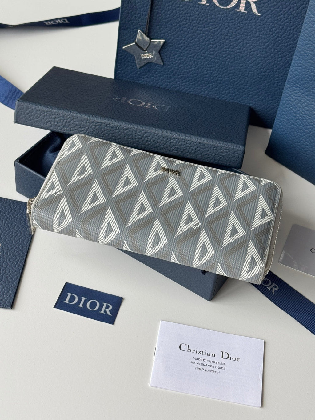 CD Diamond Zipped Long Wallet Grey White Canvas & Cowhide