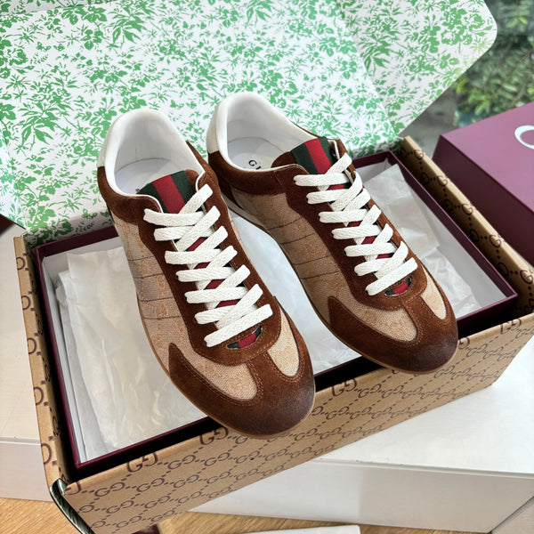 Gucci Shift Damen sneaker Varianten Schwarzes Beige & Dark Brown Canvas and Suede Trim 506841