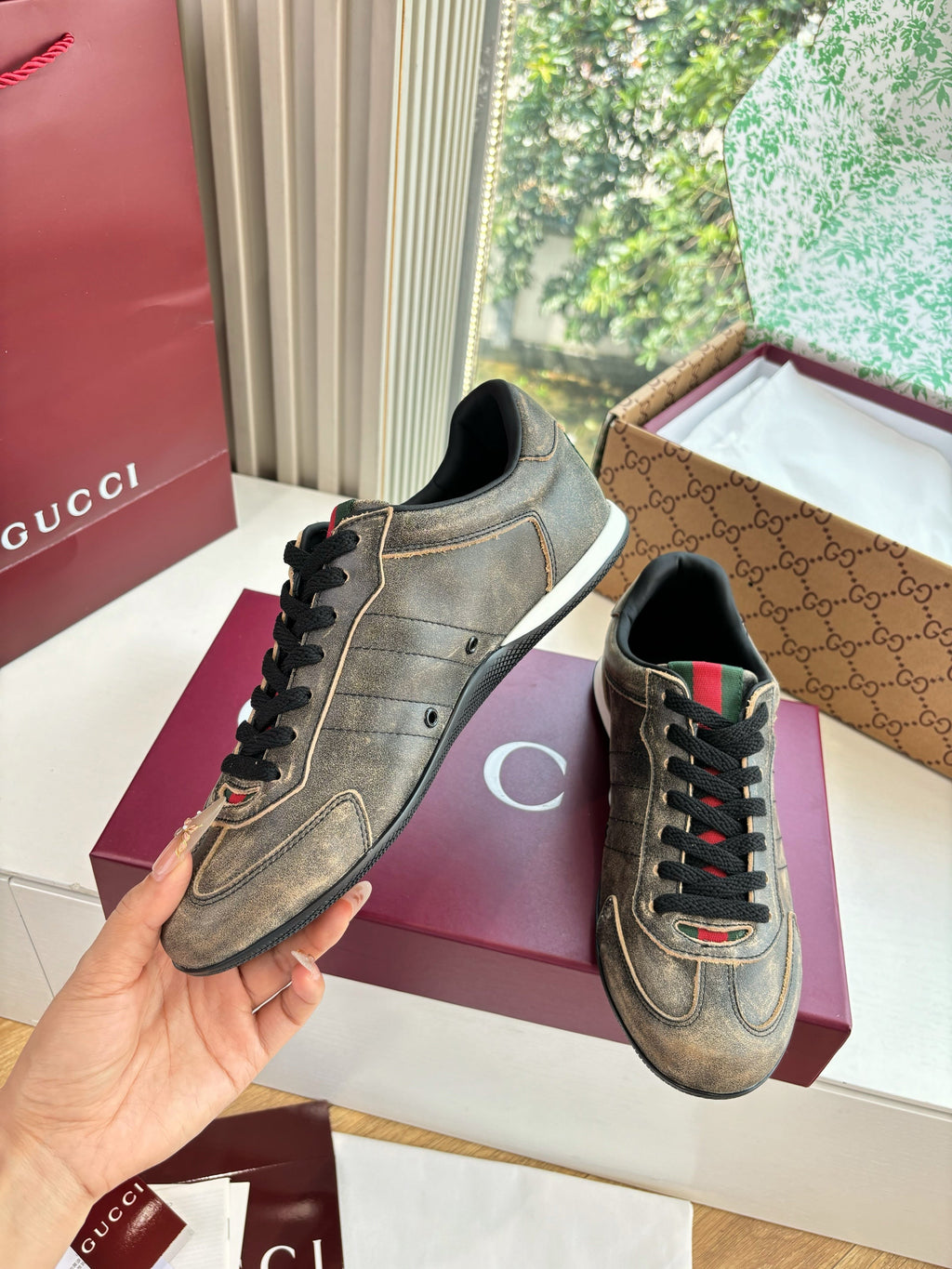 Gucci Shift Damensneaker Varianten Schwarzes   Grey Brown Leder 506843