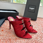 YSL 26ss Pointed High Heels Sandals 110 Dark Red Silk Leather 648787