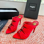 YSL 26ss Pointed High Heels Sandals 110 Red Silk Leather 648790