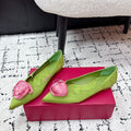 RV Rose Vivier Flower Slingback Flat Pink Green Satin 617284