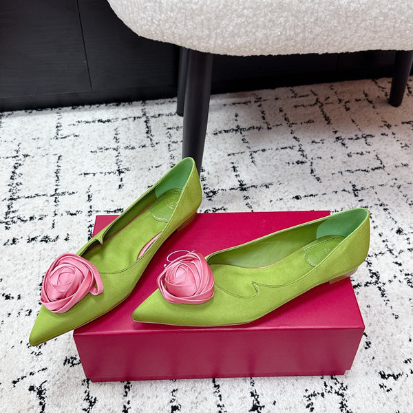 RV Rose Vivier Flower Slingback Flat Pink Green Satin 617284