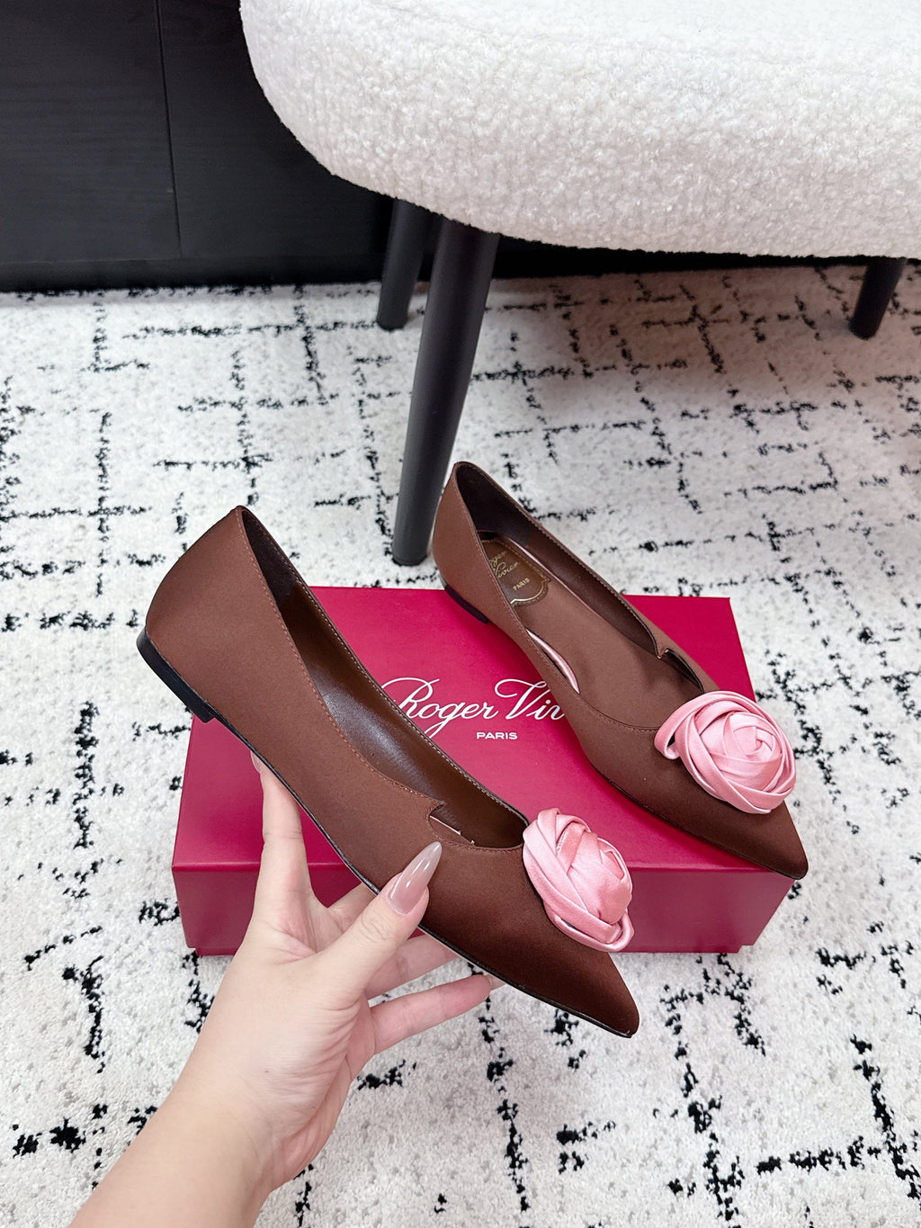 RV Rose Vivier Flower Slingback Flat Pink Brown Satin 617285
