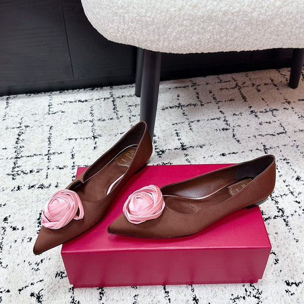 RV Rose Vivier Flower Slingback Flat Pink Brown Satin 617285