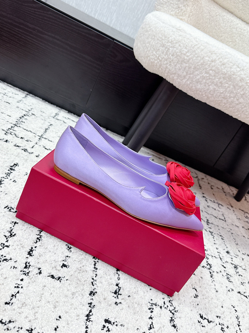 RV Rose Vivier Flower Slingback Flat Purple Red Satin 617287
