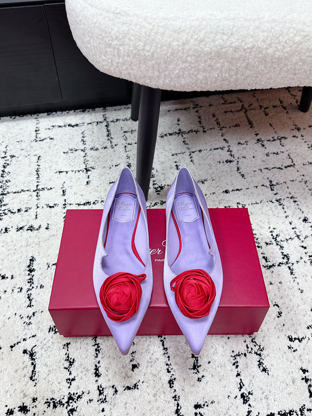 RV Rose Vivier Flower Slingback Flat Purple Red Satin 617287