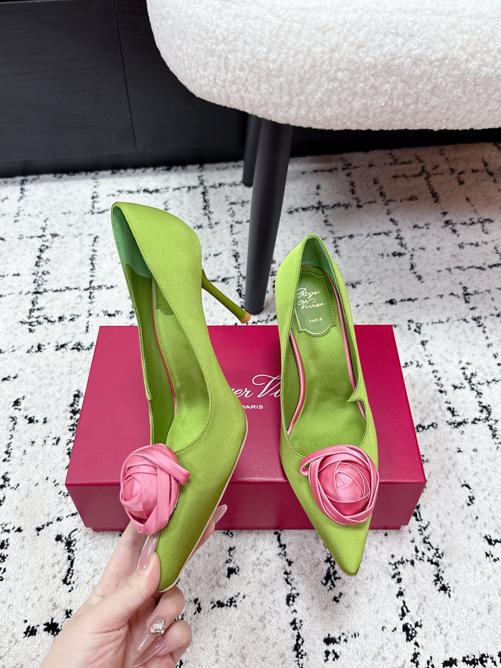 RV Rose Vivier Flower Pumps 10cm Pink Green Satin 617295