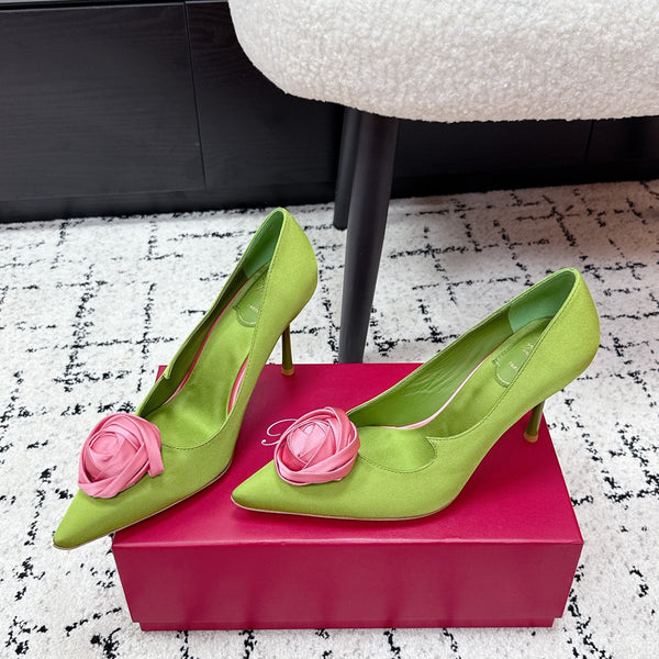 RV Rose Vivier Flower Pumps 10cm Pink Green Satin 617295