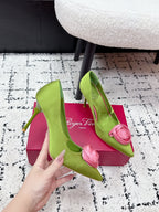 RV Rose Vivier Flower Pumps 10cm Pink Green Satin 617295