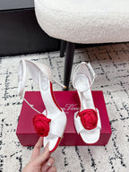 RV Rose Vivier Flower Sandal 10cm White Red Satin 617300
