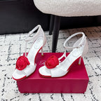RV Rose Vivier Flower Sandal 10cm White Red Satin 617300