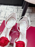 RV Rose Vivier Flower Sandal 10cm White Red Satin 617300