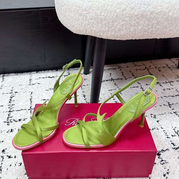 RV Rose Vivier Sandals 10cm Olive Green Satin 617305