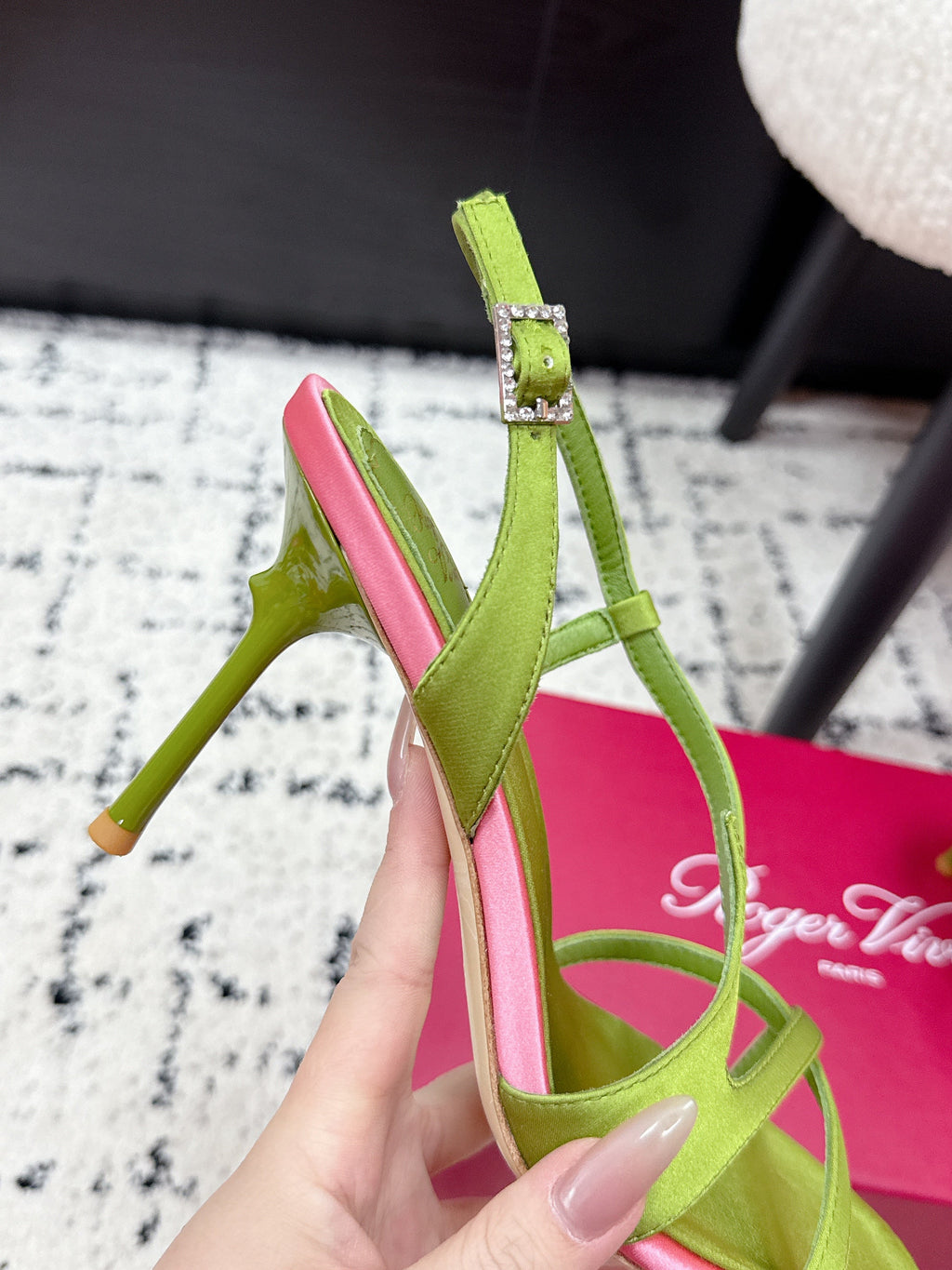RV Rose Vivier Sandals 10cm Olive Green Satin 617305
