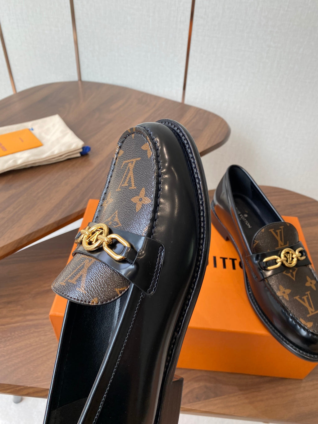 LV Chess Flat Loafer Brown Monogram Canvas & Black Patent Leather 477726