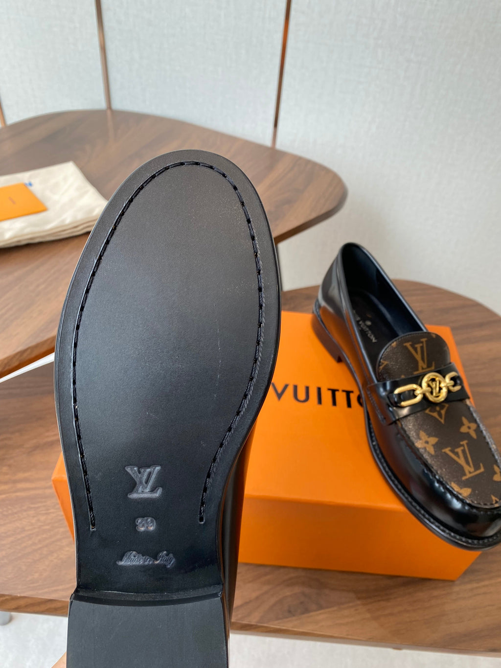 LV Chess Flat Loafer Brown Monogram Canvas & Black Patent Leather 477726