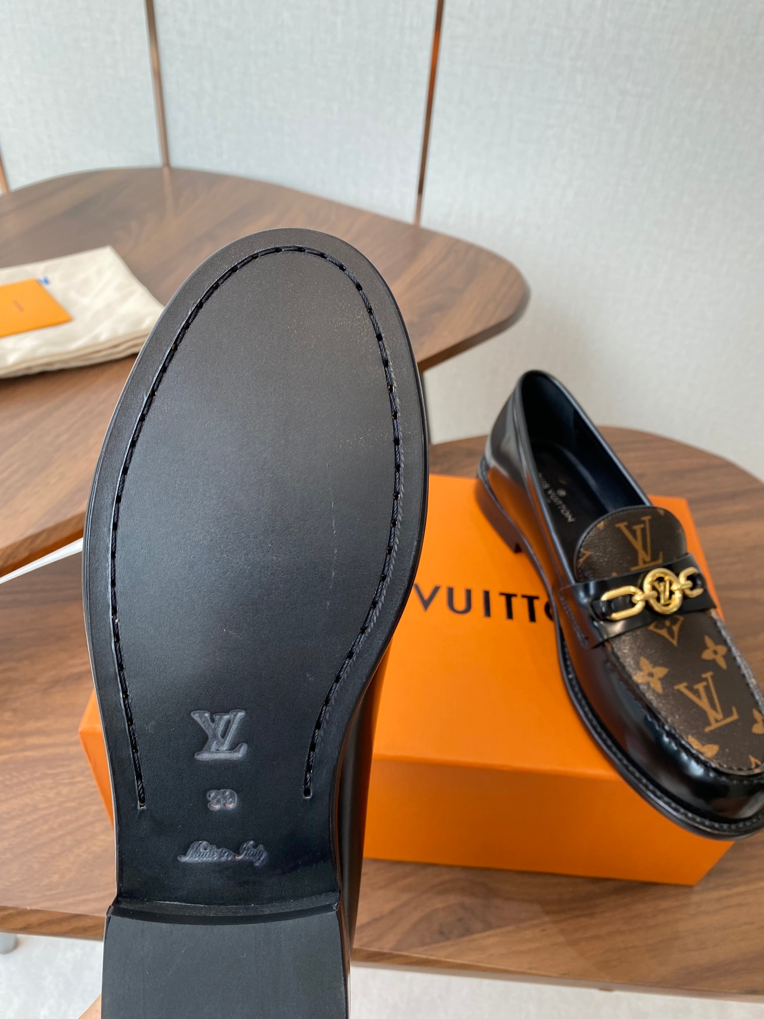 LV Chess Flat Loafer Brown Monogram Canvas & Black Patent Leather 477726