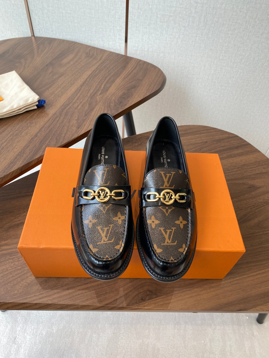 LV Chess Flat Loafer Brown Monogram Canvas & Black Patent Leather 477726