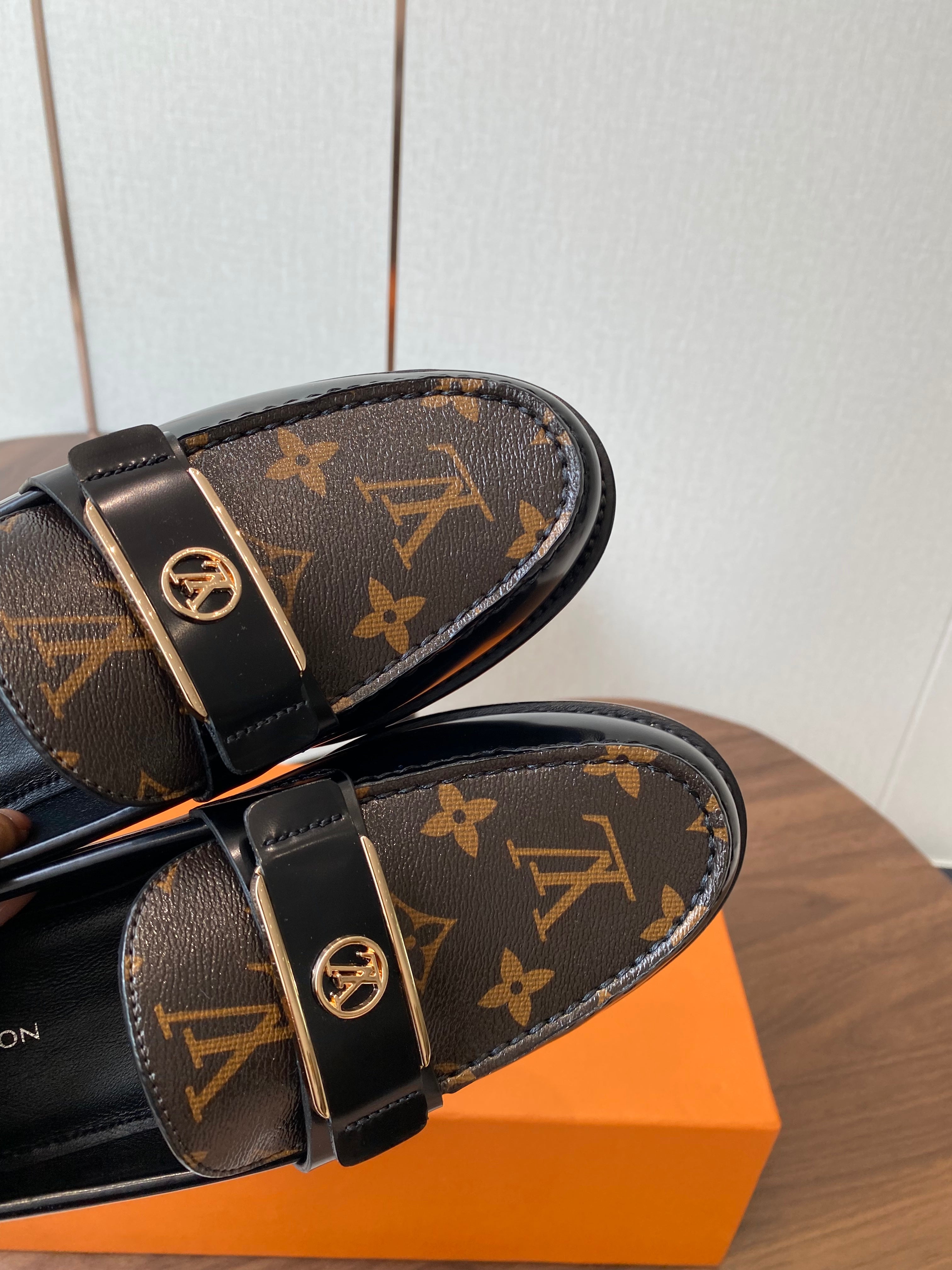 LV Academy Loafer Brown Monogram Canvas & Black Patent Leather 477728