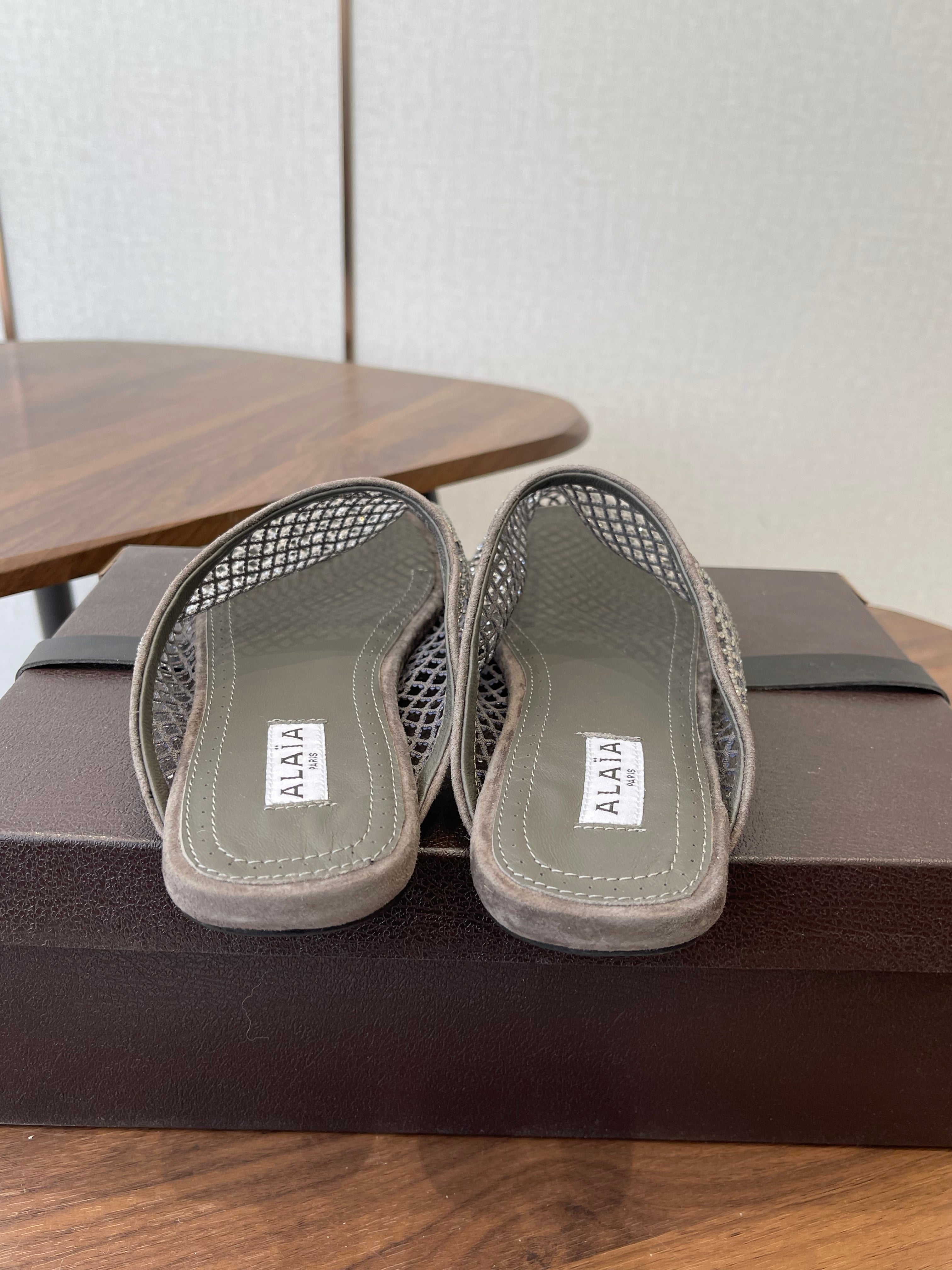 Alaia 26 Half-Slippers Gray Mesh Rhinestones 624898