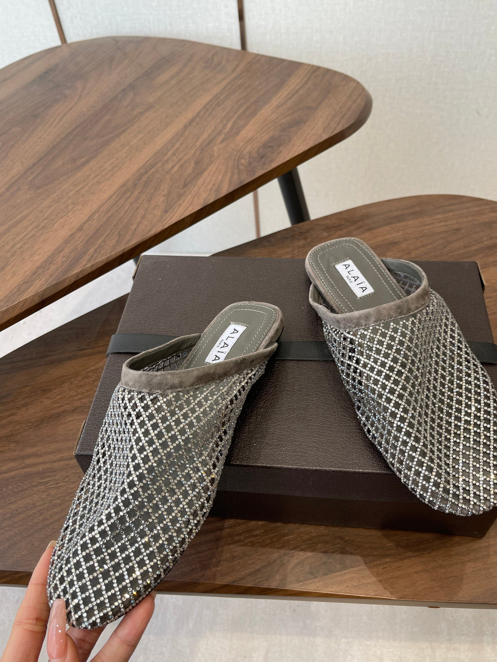 Alaia 26 Half-Slippers Gray Mesh Rhinestones 624898