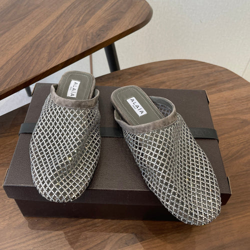 Alaia 26 Half-Slippers Gray Mesh Rhinestones 624898