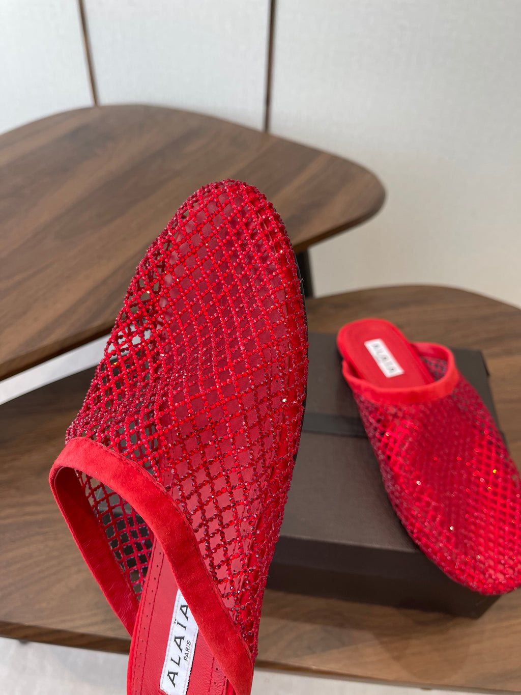 Alaia 26 Half-Slippers Red Mesh Rhinestones 624899