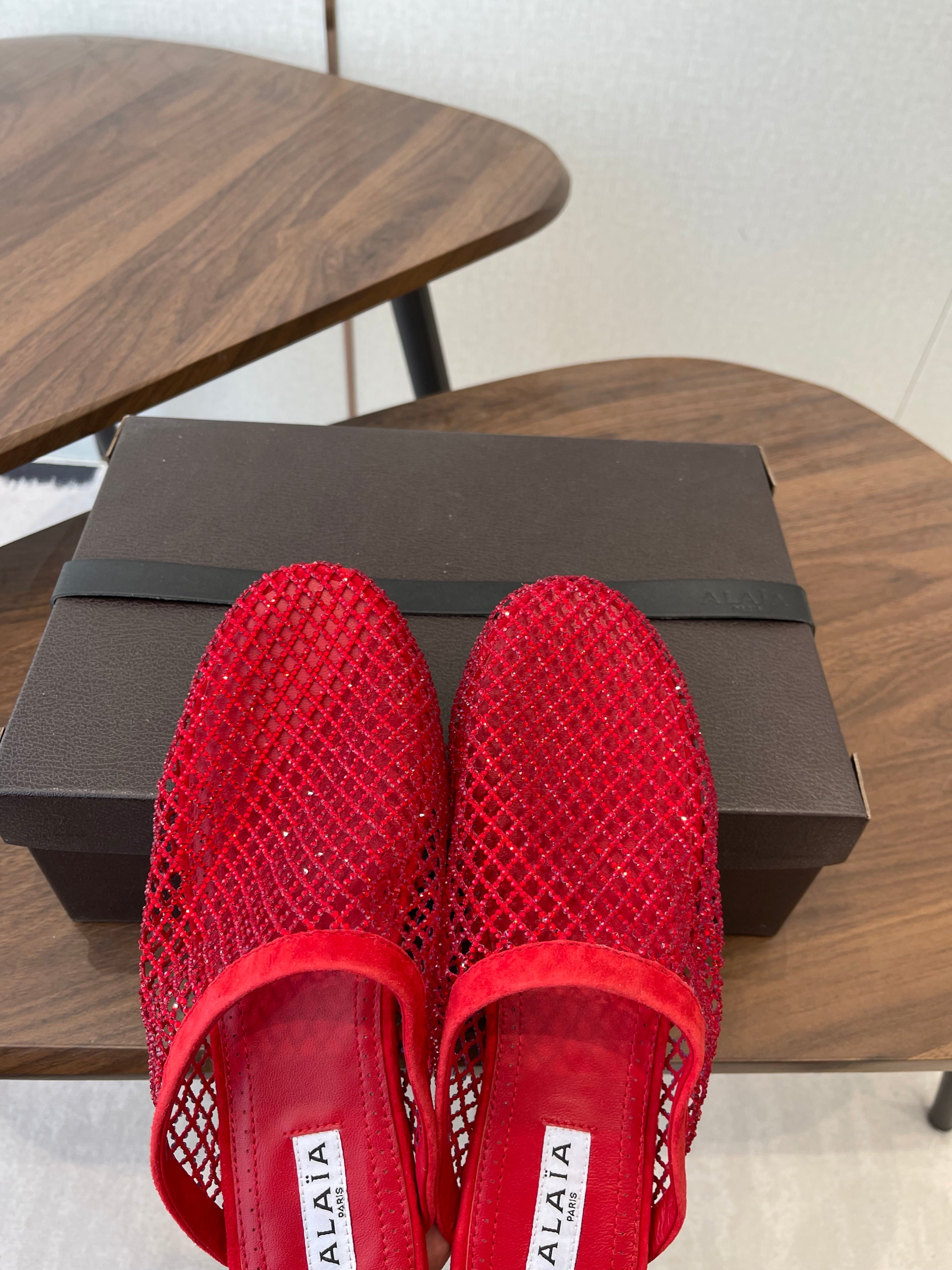 Alaia 26 Half-Slippers Red Mesh Rhinestones 624899
