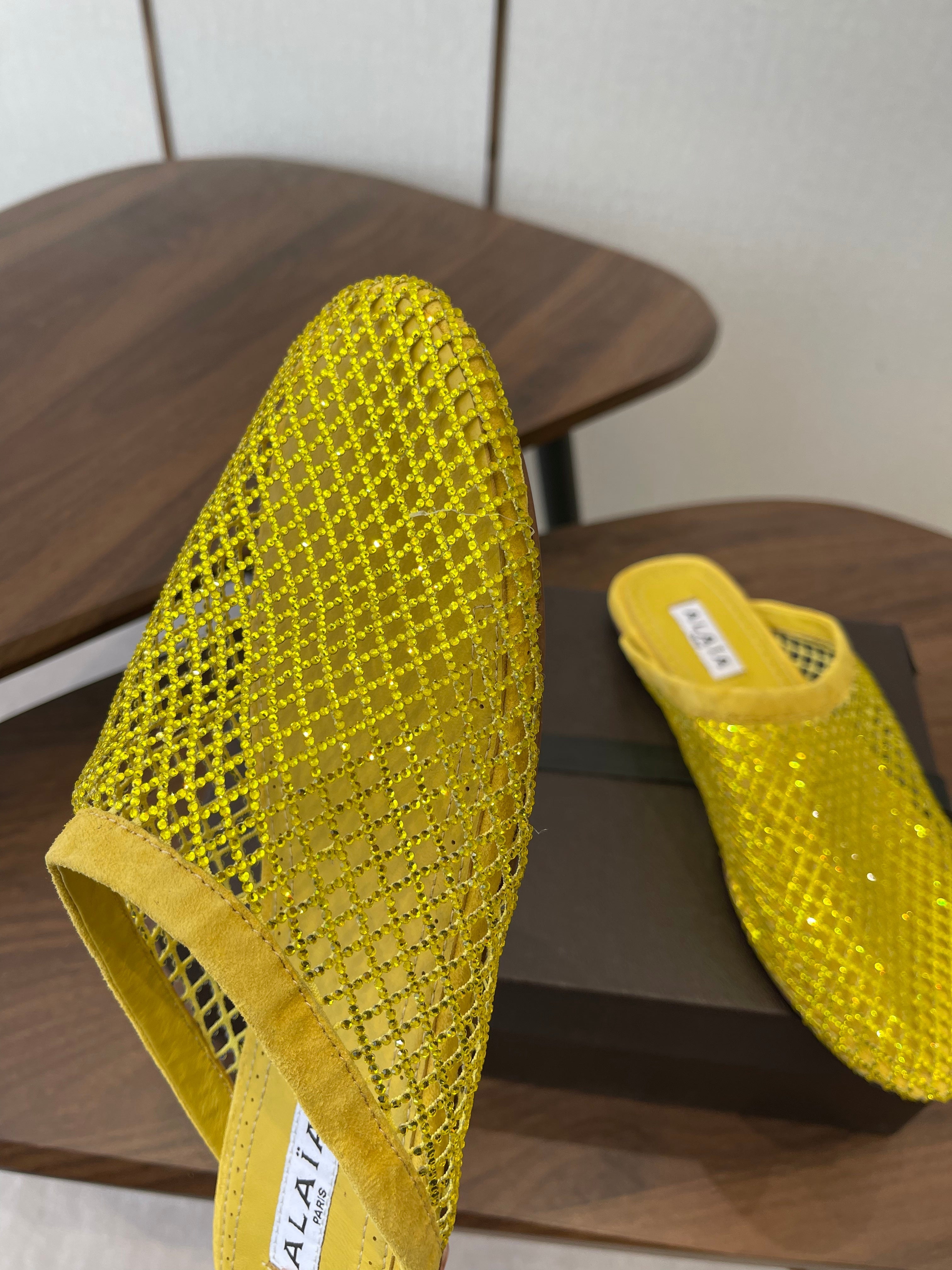 Alaia 26 Half-Slippers Yellow Mesh Rhinestones 624900