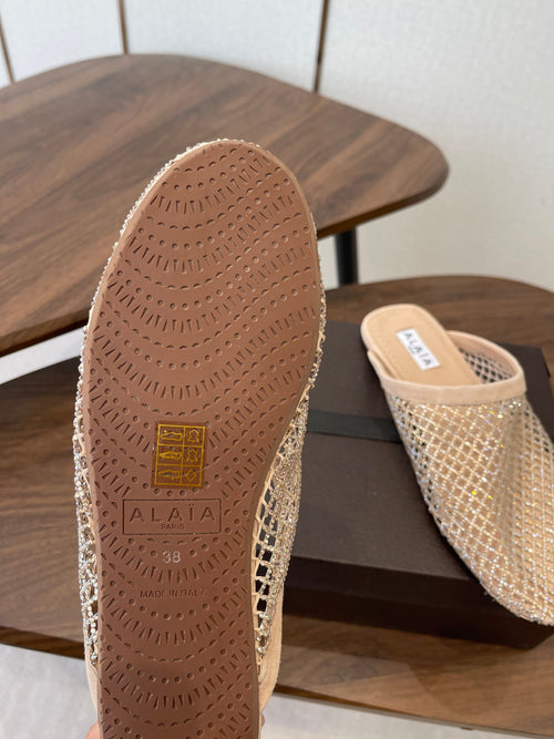 Alaia 26 Half-Slippers Beige Mesh Rhinestones 624901