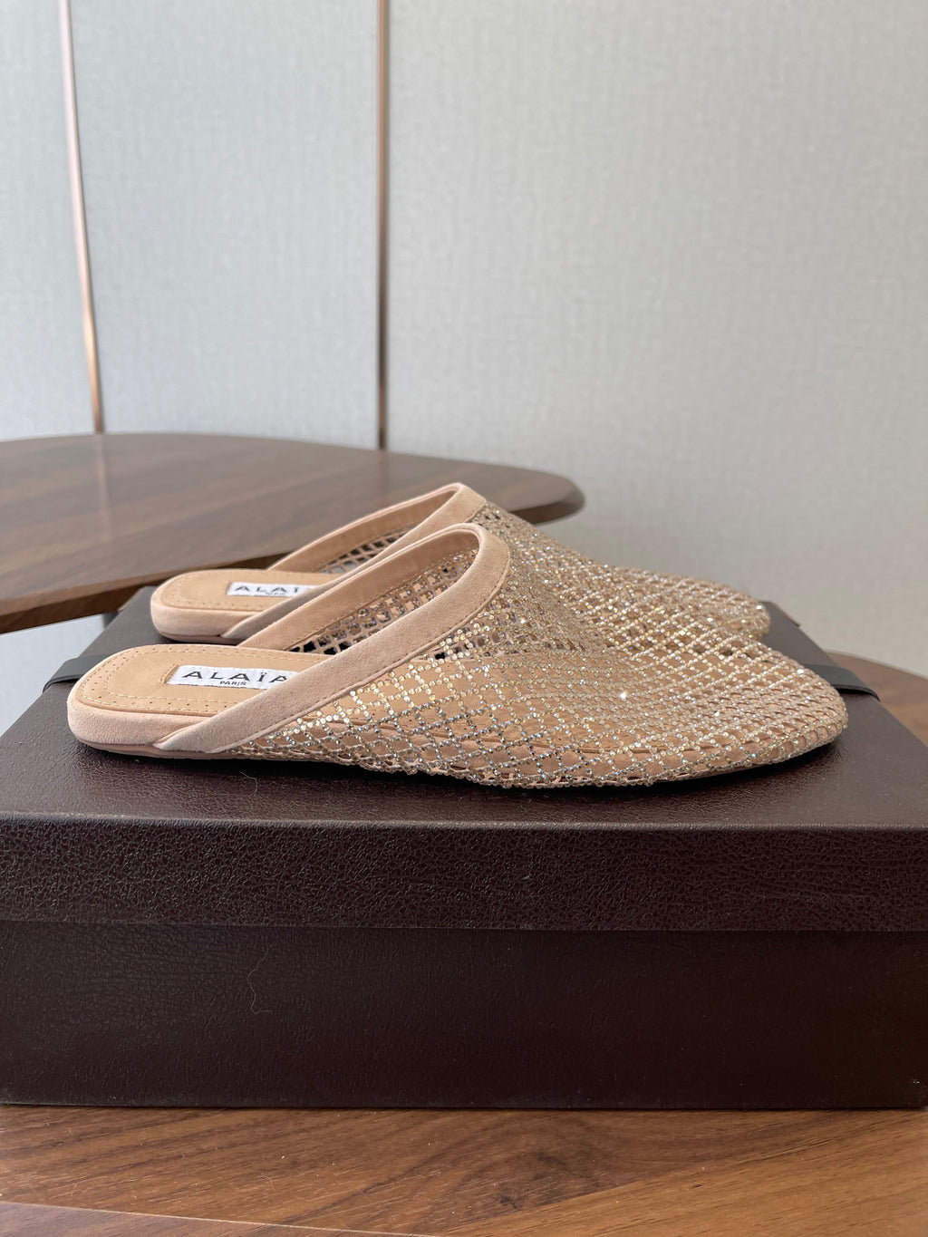 Alaia 26 Half-Slippers Beige Mesh Rhinestones 624901