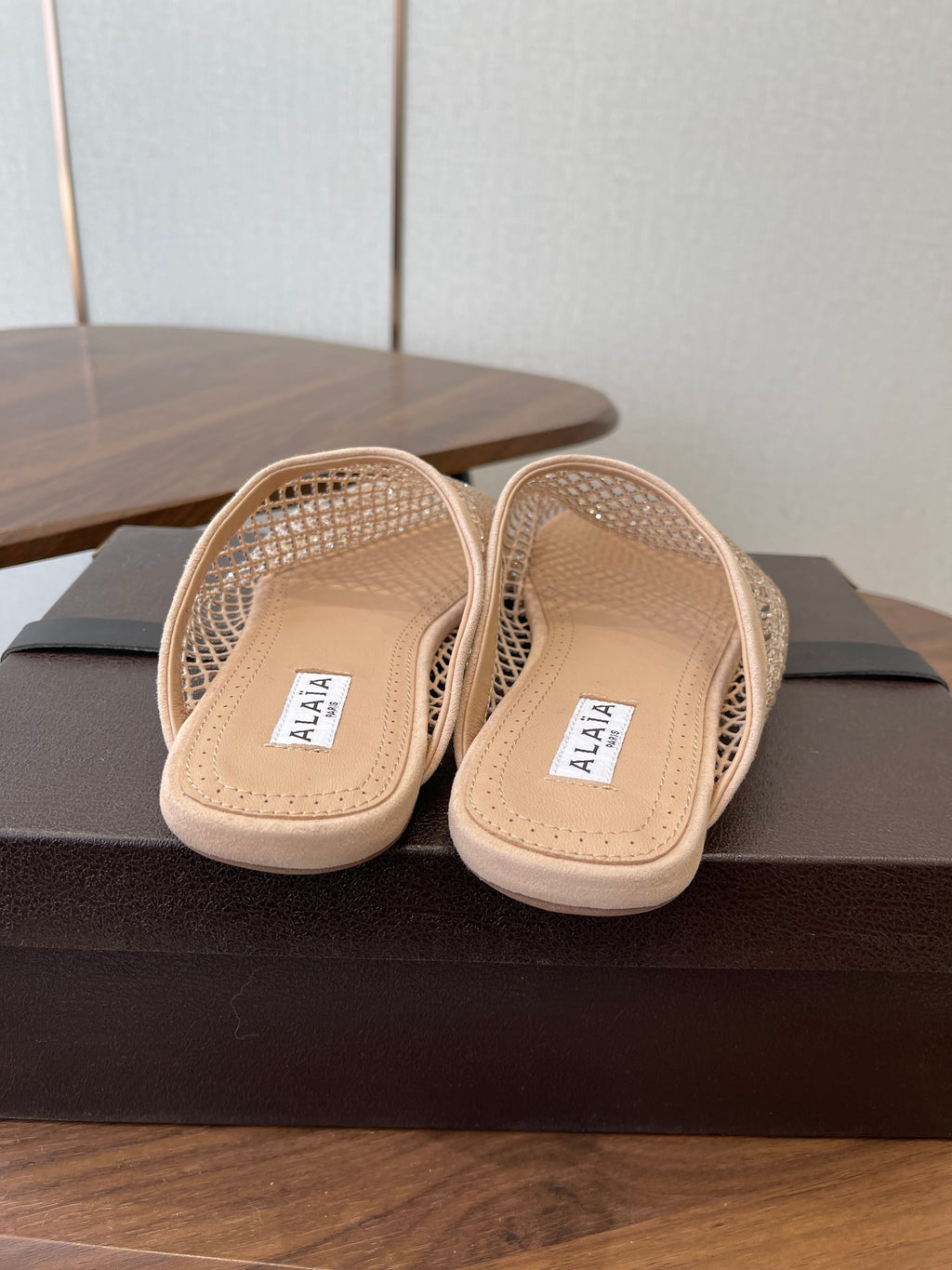 Alaia 26 Half-Slippers Beige Mesh Rhinestones 624901