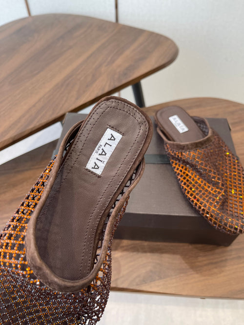 Alaia 26 Half-Slippers Brown Mesh Rhinestones 624903