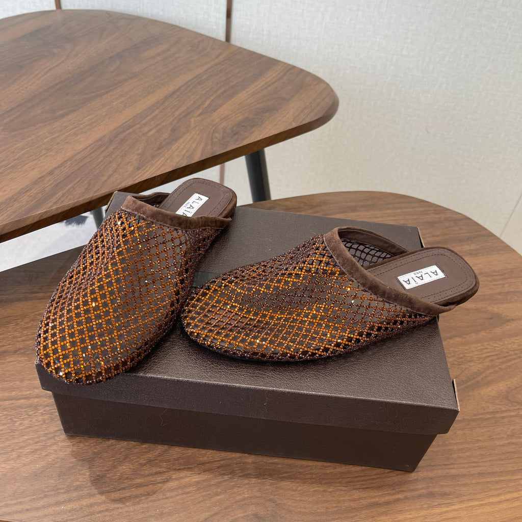 Alaia 26 Half-Slippers Brown Mesh Rhinestones 624903