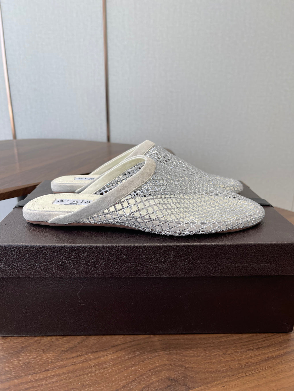Alaia 26 Half-Slippers Ivory Mesh Rhinestones 624904