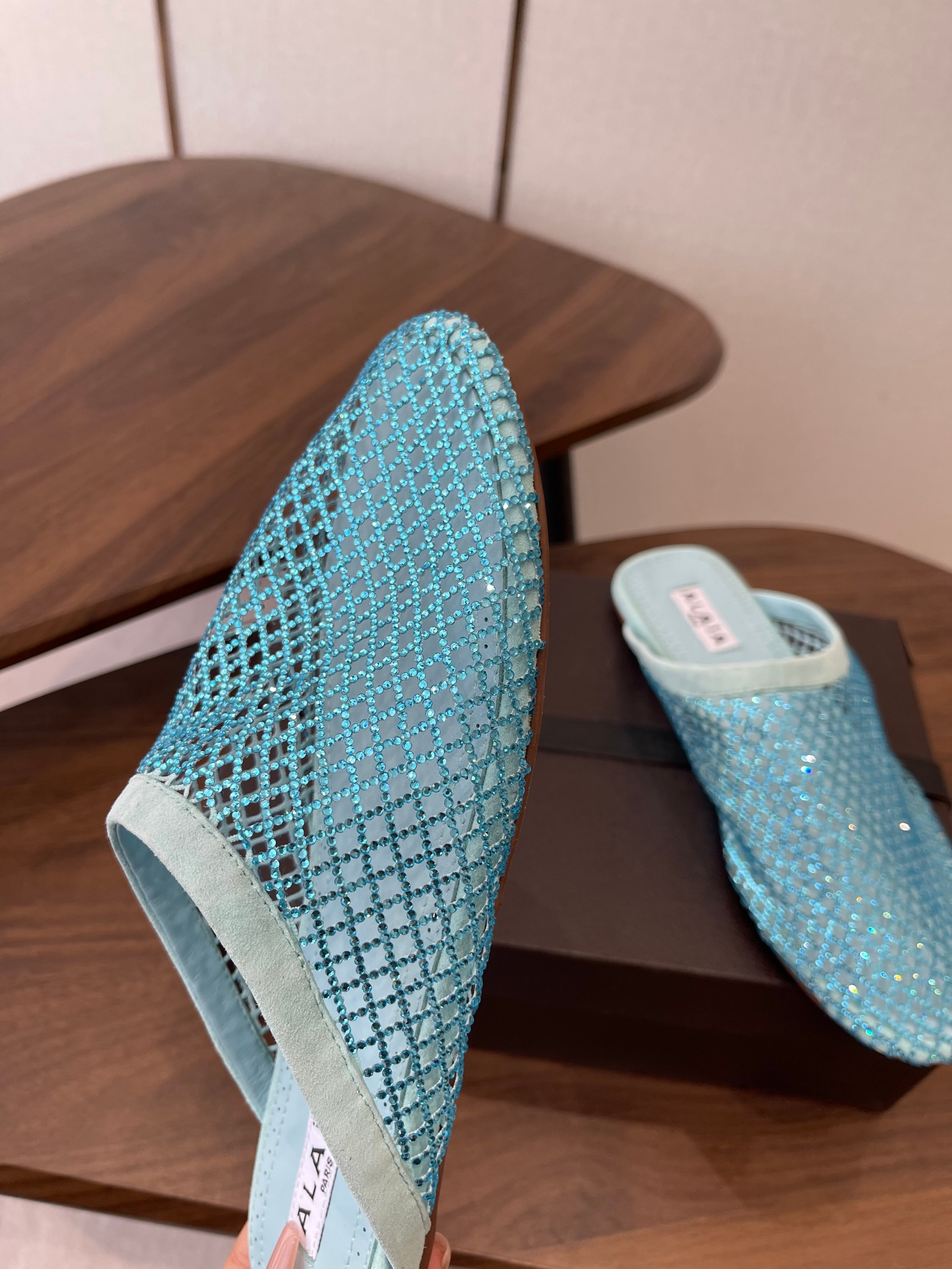 Alaia 26 Half-Slippers Blue Mesh Rhinestones 624905