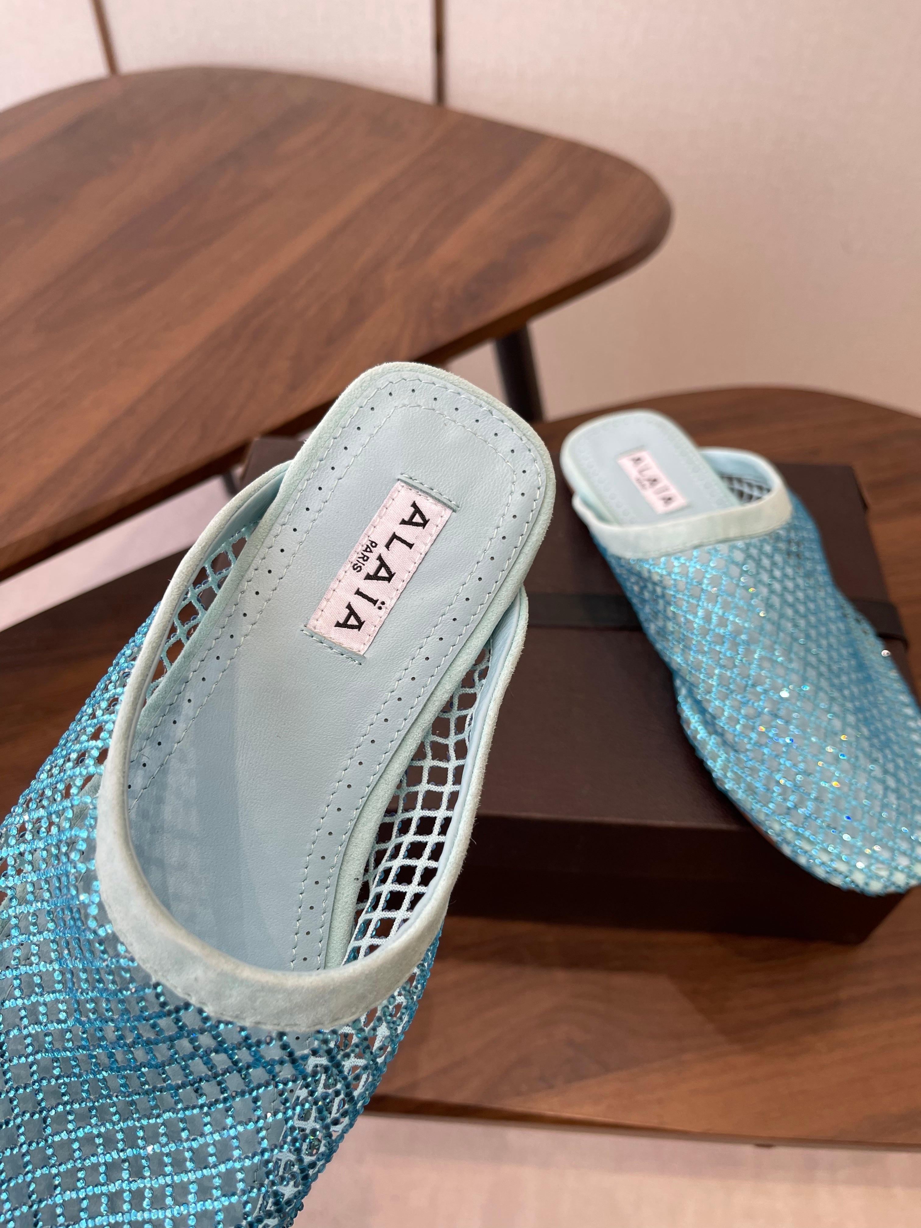 Alaia 26 Half-Slippers Blue Mesh Rhinestones 624905