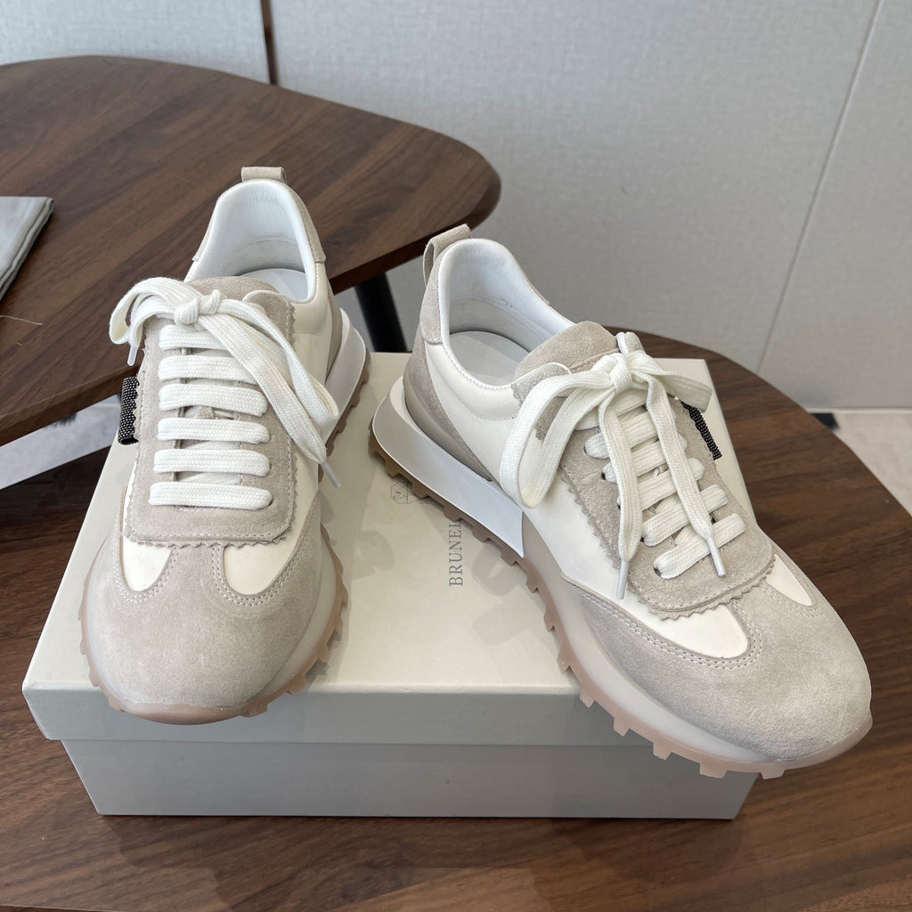 Brunello Flannel Runners With Monili Ivory Grey Suede 624477