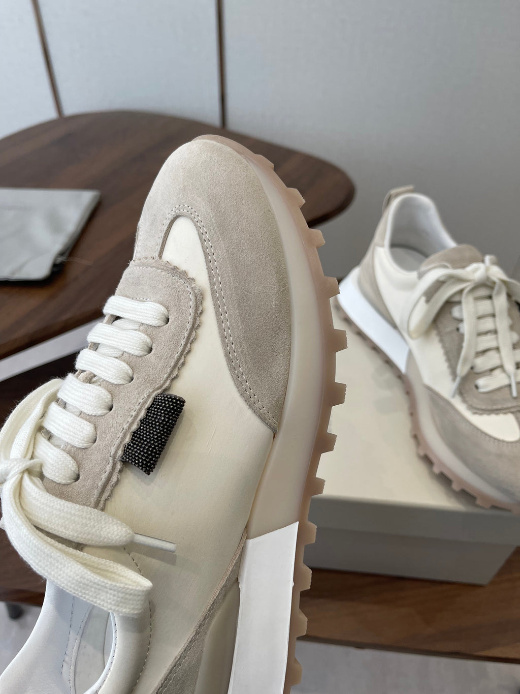 Brunello Flannel Runners With Monili Ivory Grey Suede 624477