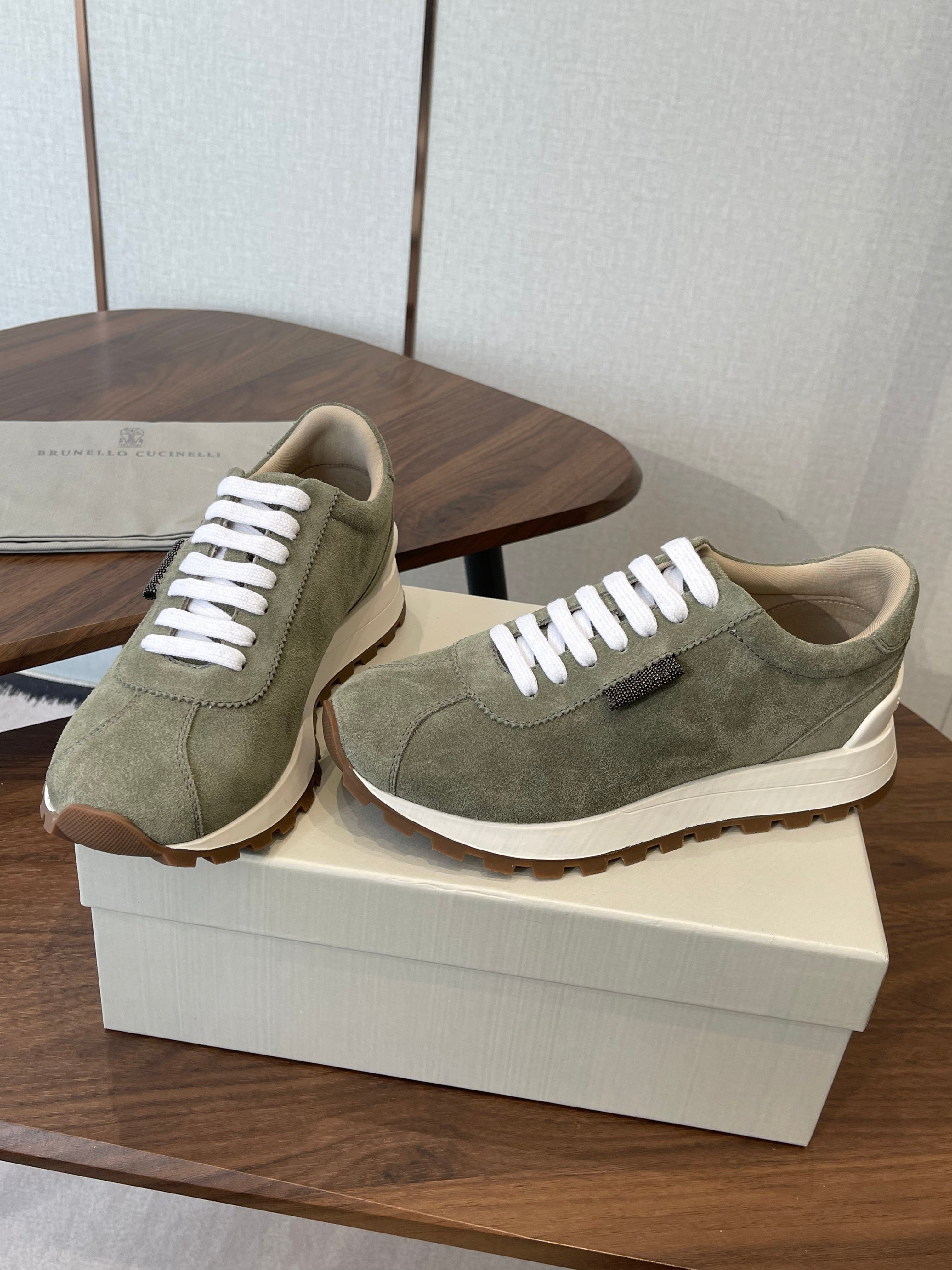 Brunello Runners With Shiny Tab Olive Suede 624491