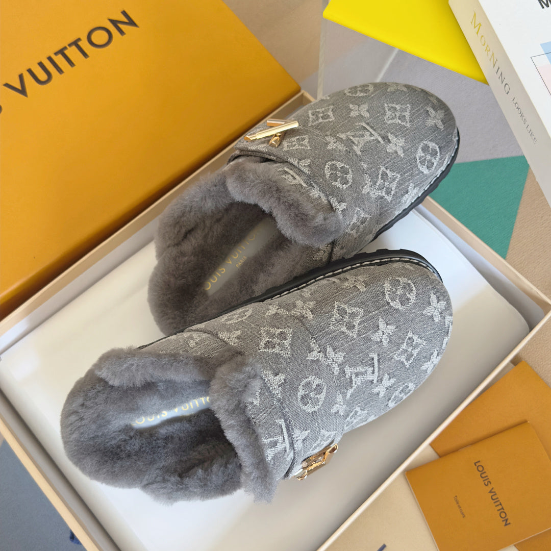 LV 25 Birkenstock Platform Slippers Gray Suede Wool 576219
