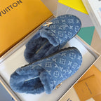 LV 25 Birkenstock Platform Slippers Blue Denim Wool 576222