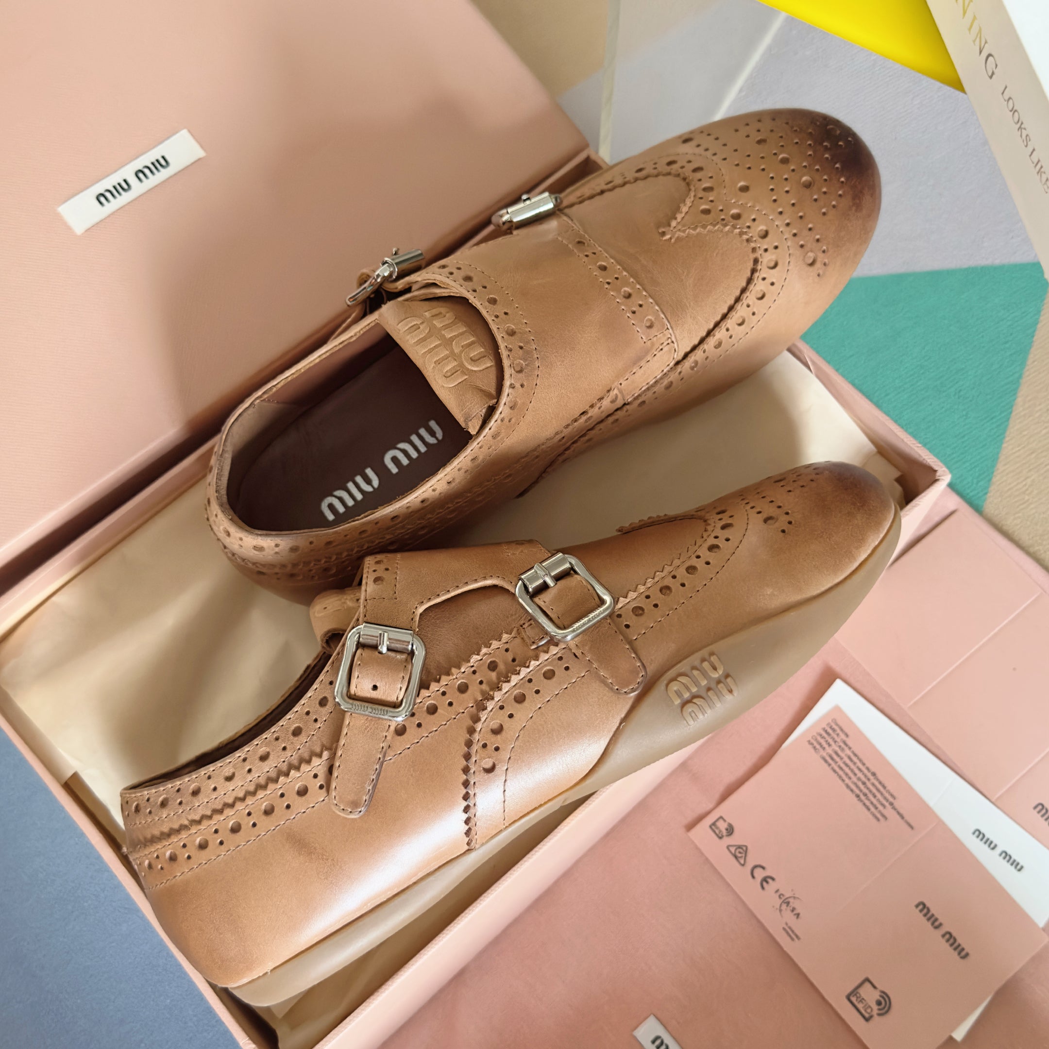 Miu Monk-Strap Thin Sole Caramel Loafers Leather 509752