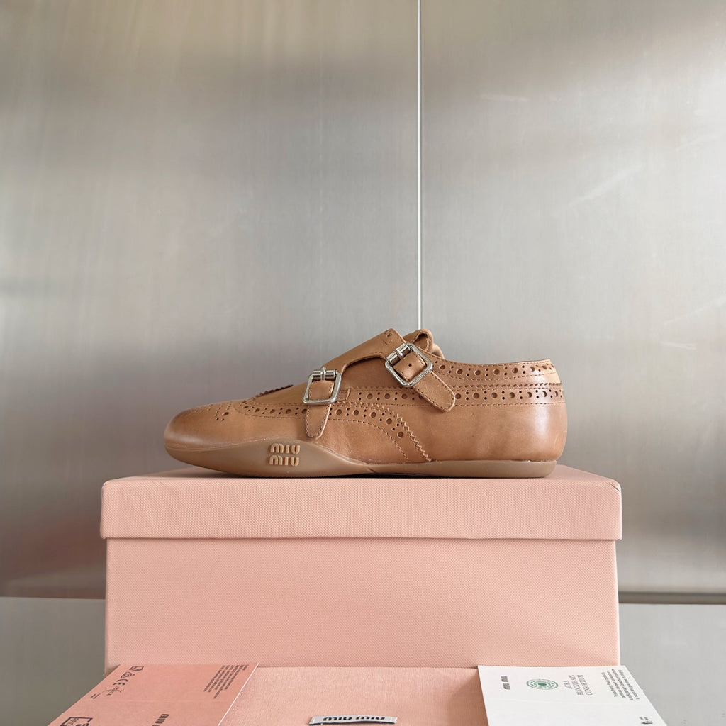Miu Monk-Strap Thin Sole Caramel Loafers Leather 509752