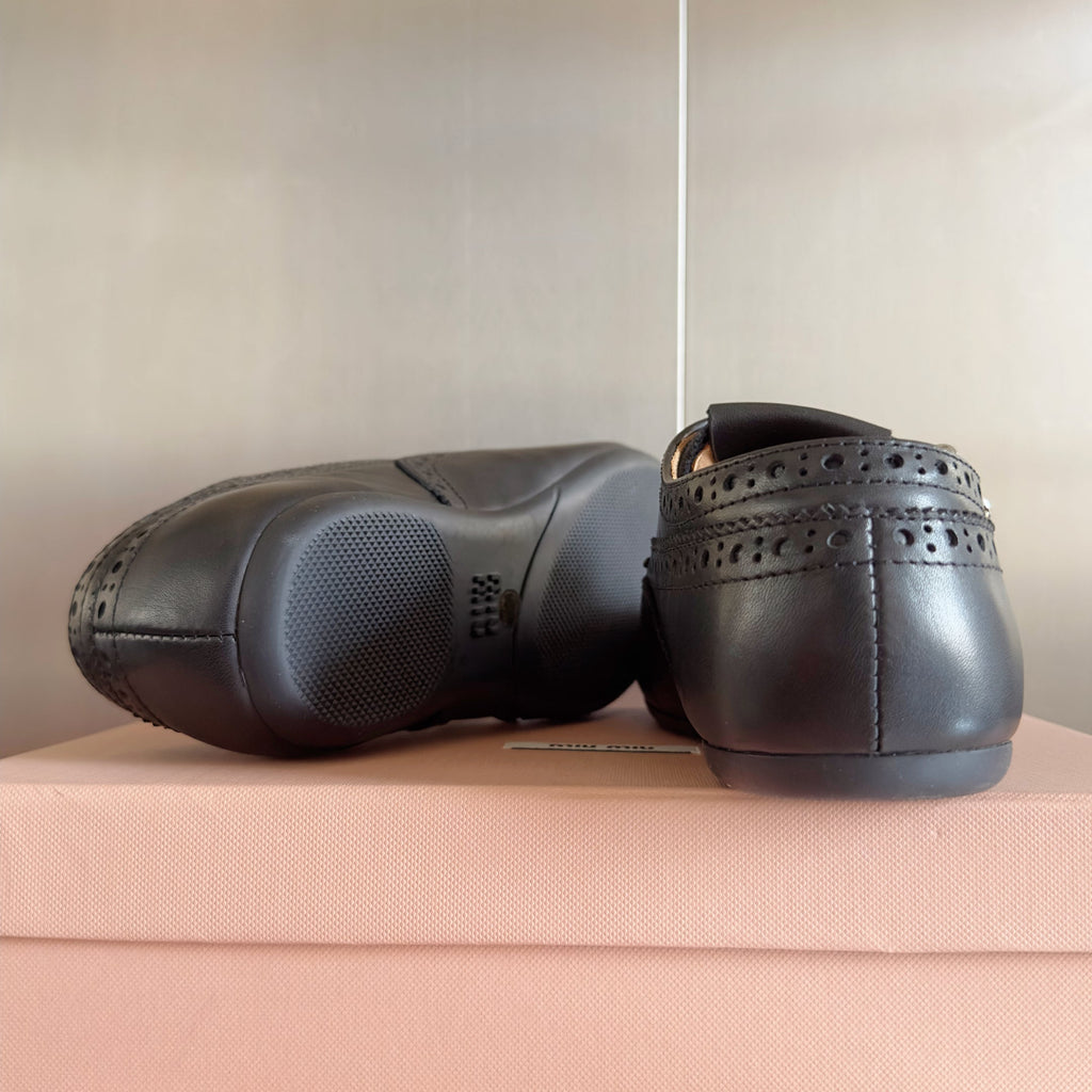 Miu Monk-Strap Thin Sole Black Loafers Leather 509753