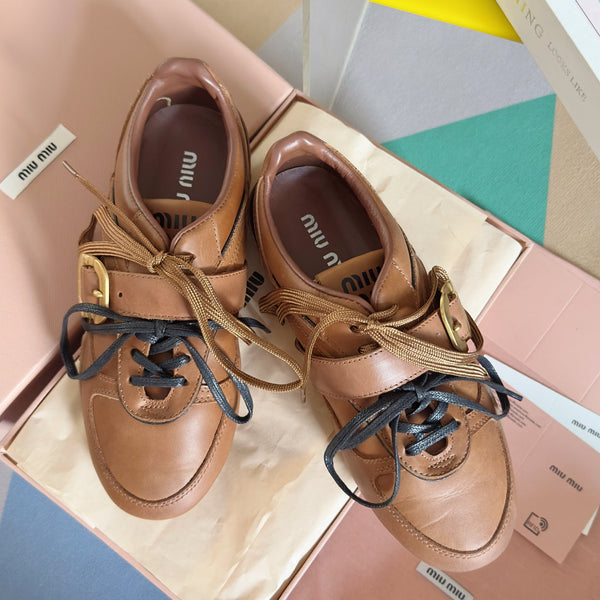 Miu Sneakers With Buckle Brown Leather 509754